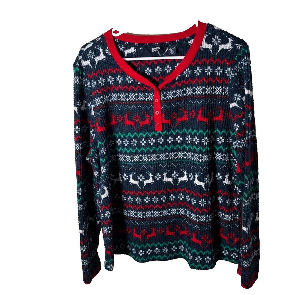 Lands' End Pajama Top Women's XL Henley Thermal Long Sleeve Christmas Shirt
